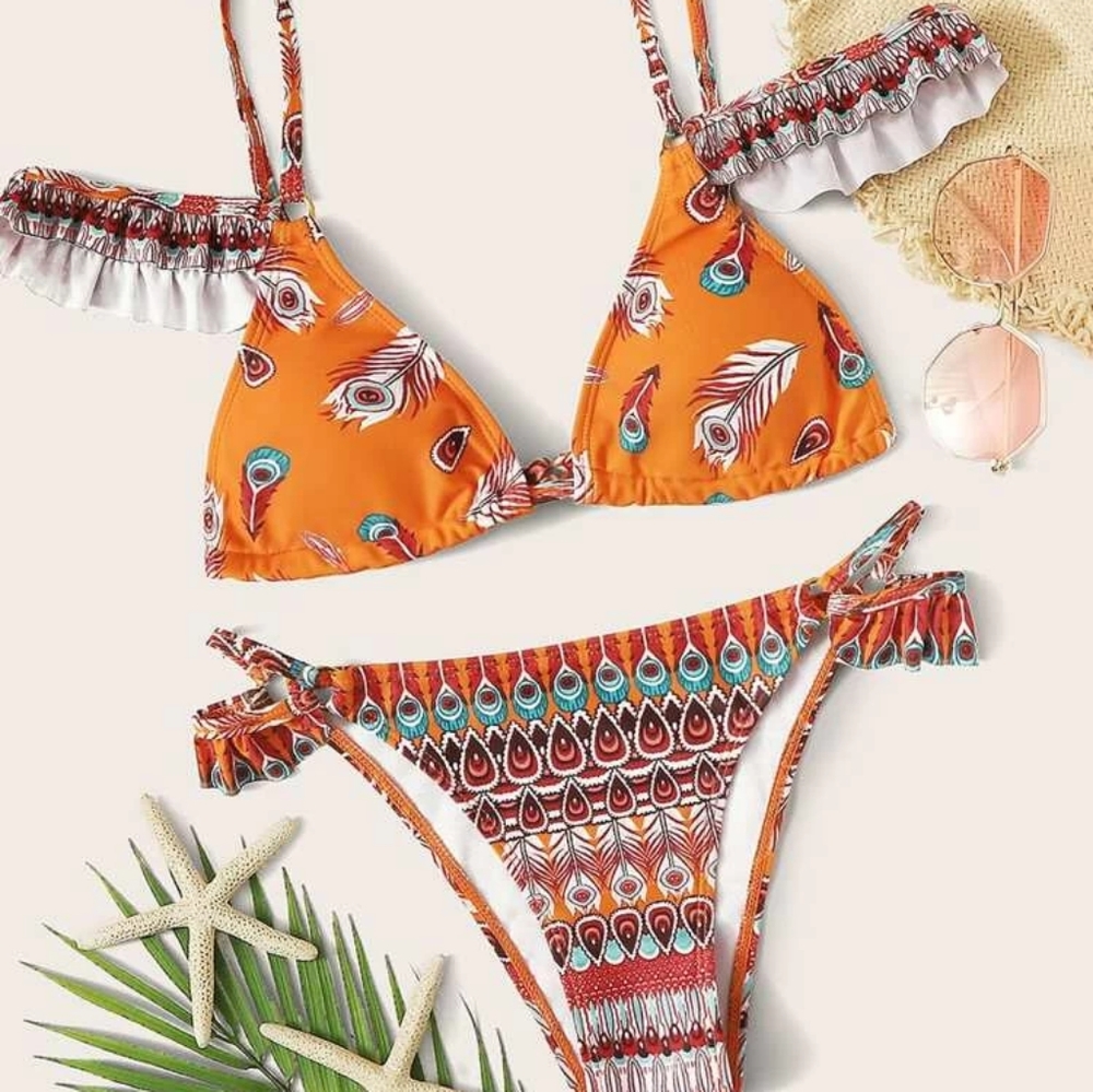 🏖Feather & Geometric Print Ruffle Bikini Set - Picture 4 of 9
